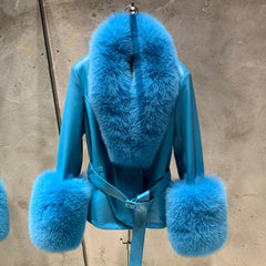 Lambskin Leather Coat with Fox Fur Collar & Cuffs - Sky Blue
