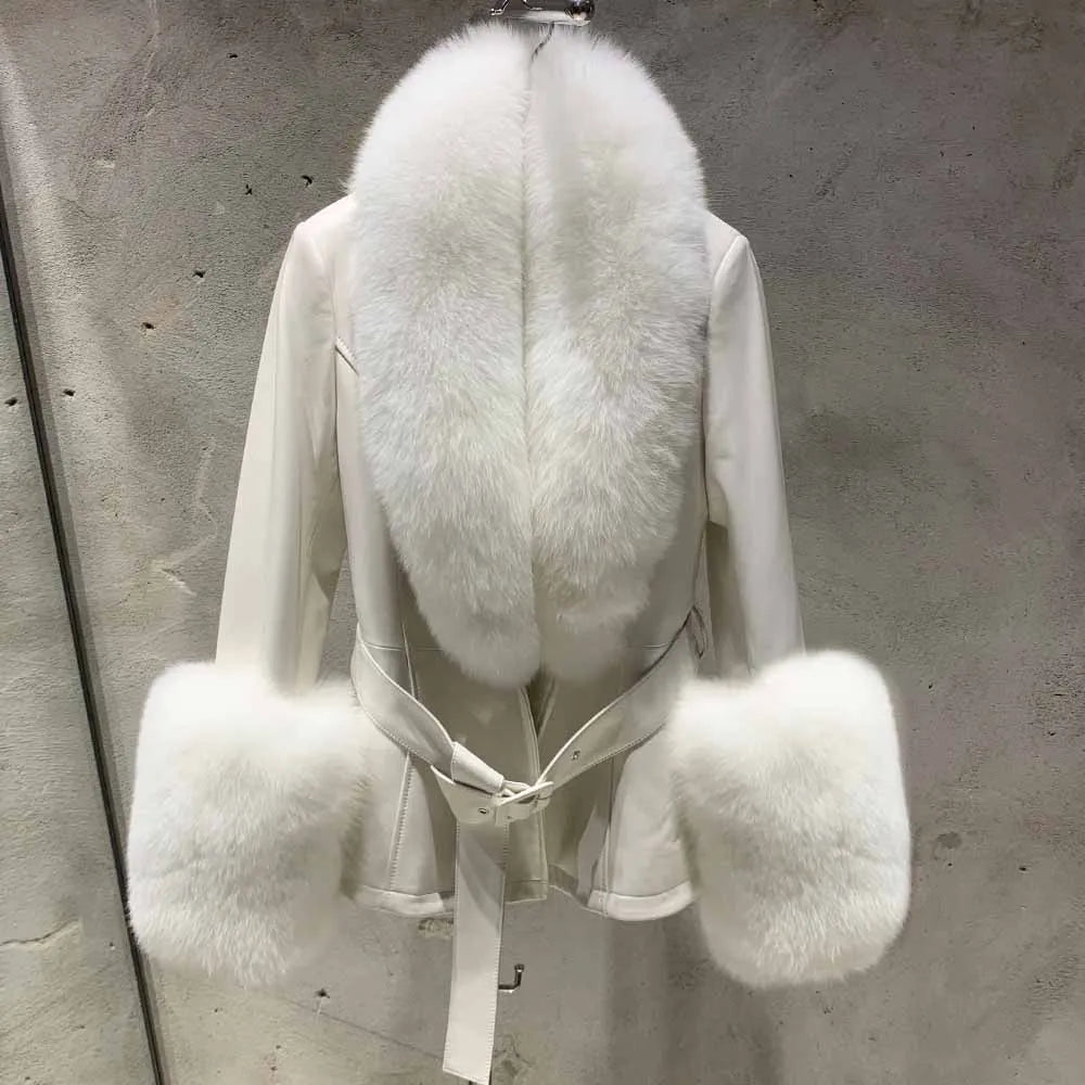 Lambskin Leather Coat with Fox Fur Collar & Cuffs - White