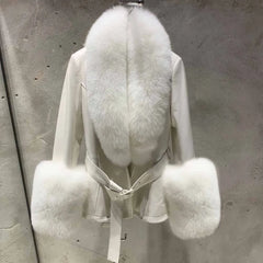 Lambskin Leather Coat with Fox Fur Collar & Cuffs - White