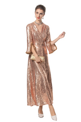 Luxe Sparkly Rose Gold Long Dress with Sleeves