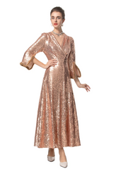 Luxe Sparkly Rose Gold Long Dress with Sleeves