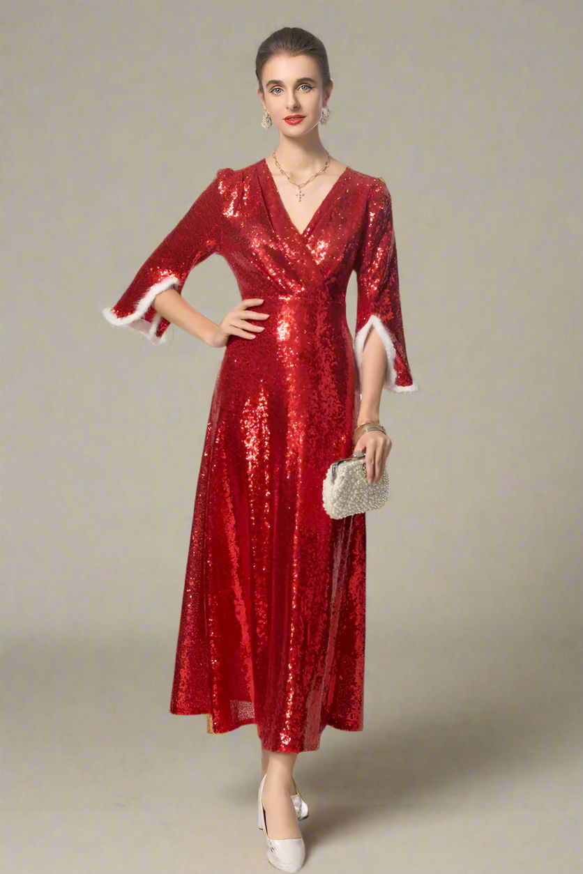 Luxe Sparkly Red Sequin Dress with Sleeves