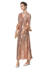 Luxe Sparkly Rose Gold Long Dress with Sleeves