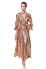 Luxe Sparkly Rose Gold Long Dress with Sleeves