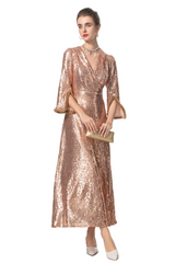 Luxe Sparkly Rose Gold Long Dress with Sleeves