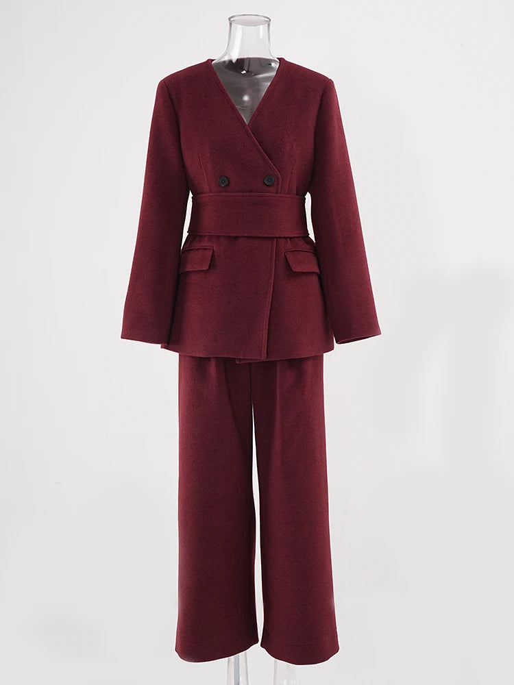 Luxe Burgundy Wool Blend Wide Leg Pant Suit