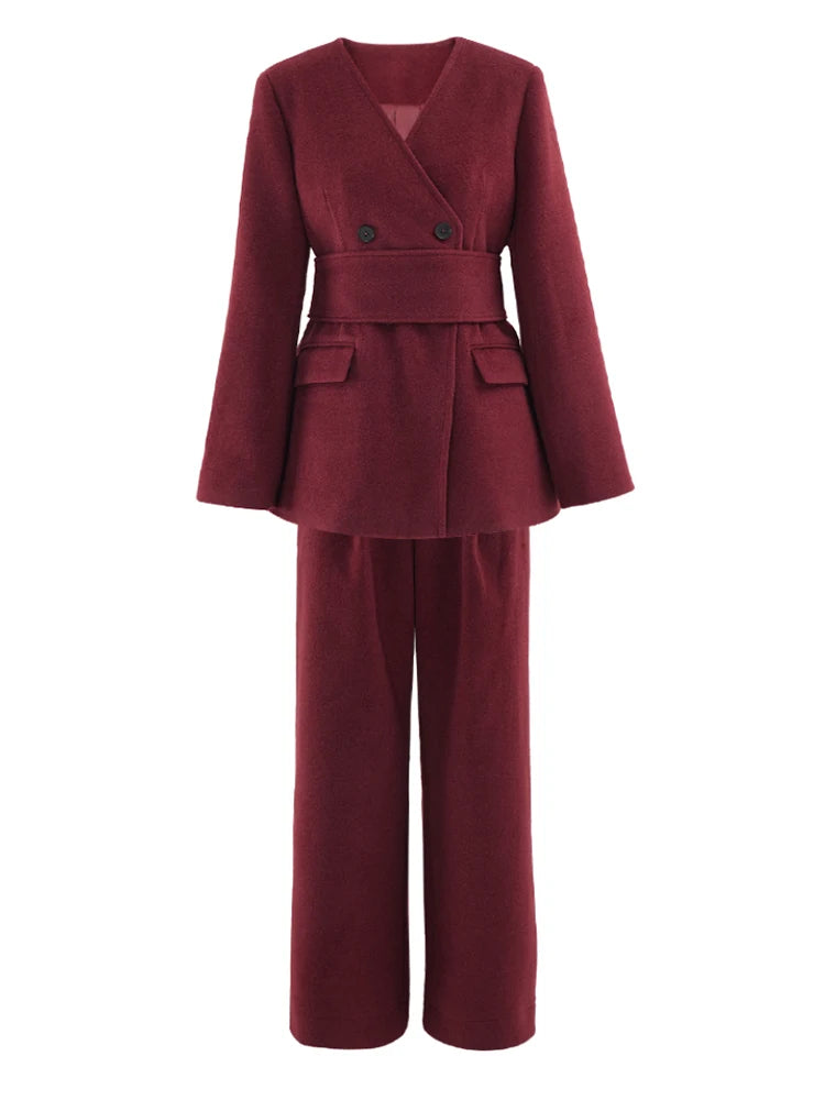 Luxe Burgundy Wool Blend Wide Leg Pant Suit HEYFANCYSTYLE