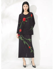 Luxe Feminine Rose Top & Pleated Skirt Set - Black