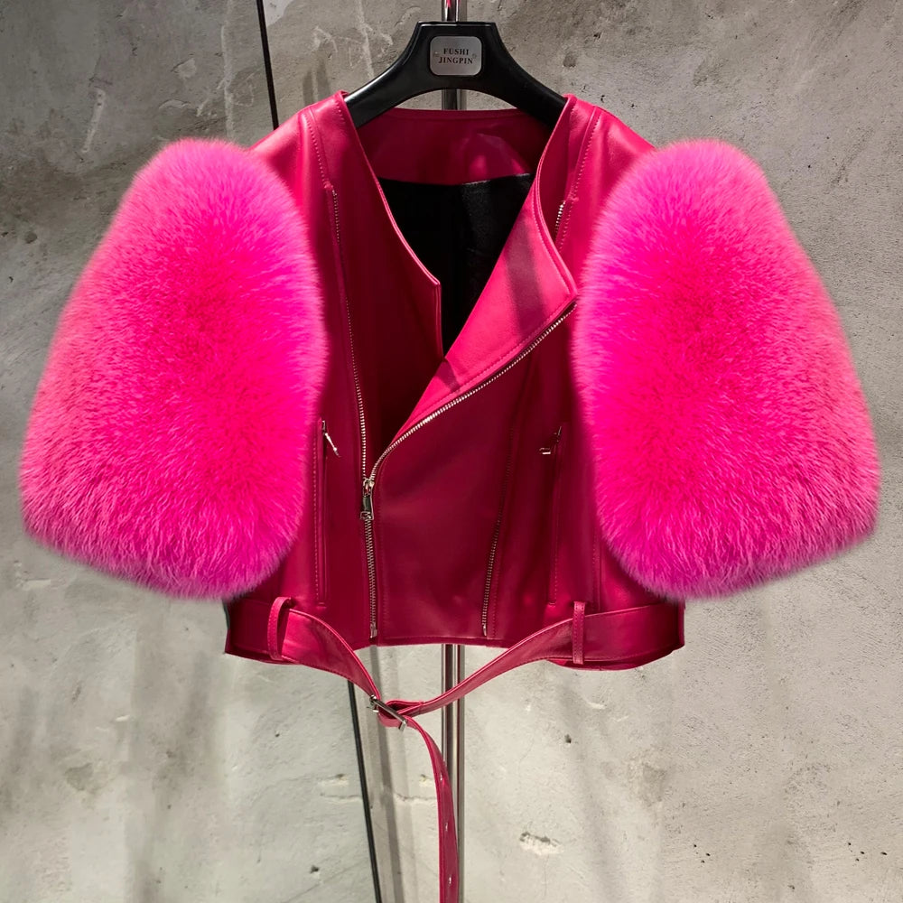 Luxe Leather Jacket - Fox Fur Sleeve - Pink