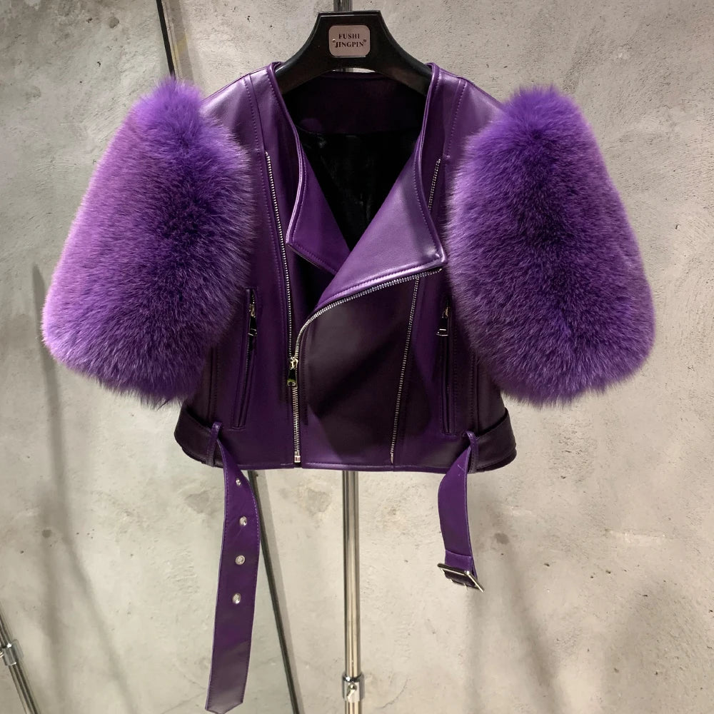 Luxe Leather Jacket - Fox Fur Sleeve - Purple