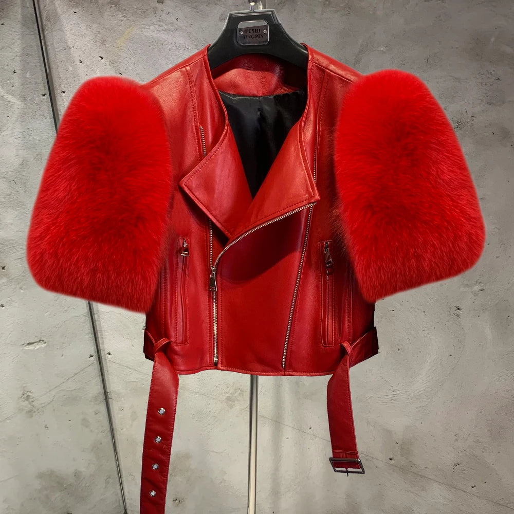 Luxe Leather Jacket - Fox Fur Sleeve - Red