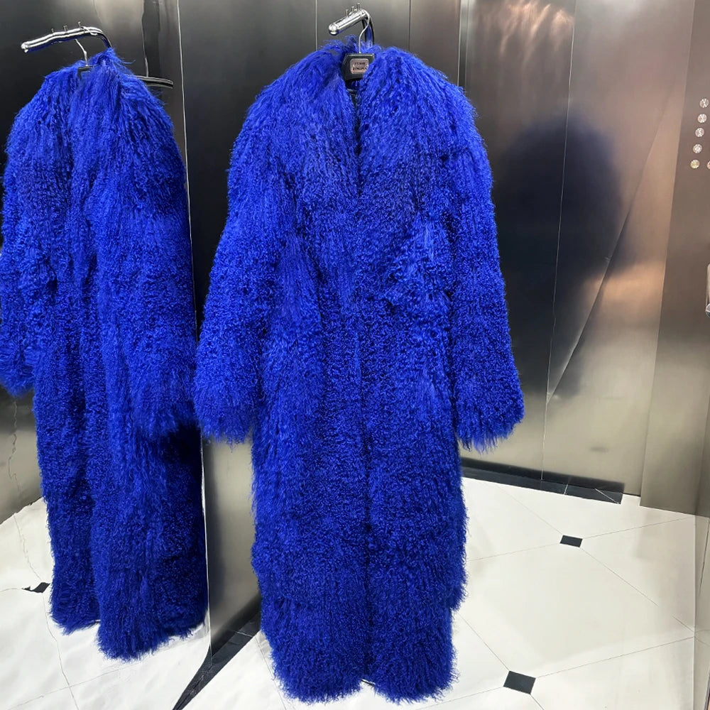 Luxurious Extra Long Curly Lamb Fur Coat - Blue