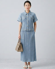 Luxury Plissé Denim Print Skirt Set