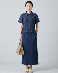 Luxury Plissé Denim Print Skirt Set