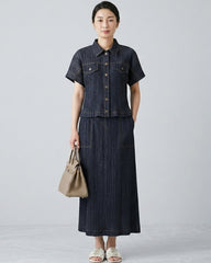 Luxury Plissé Denim Print Skirt Set
