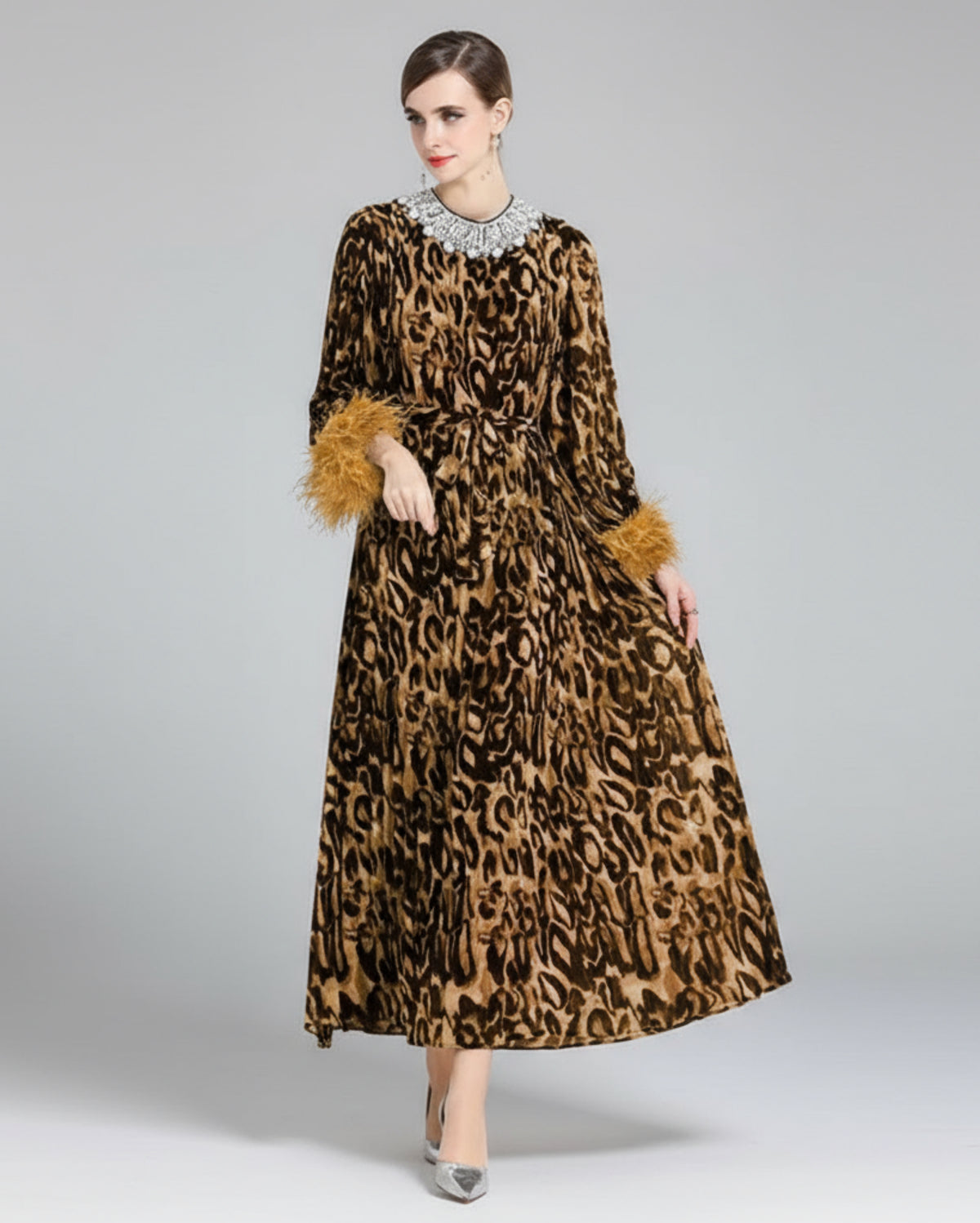Luxury Animal Print Pleated Maxi Dress