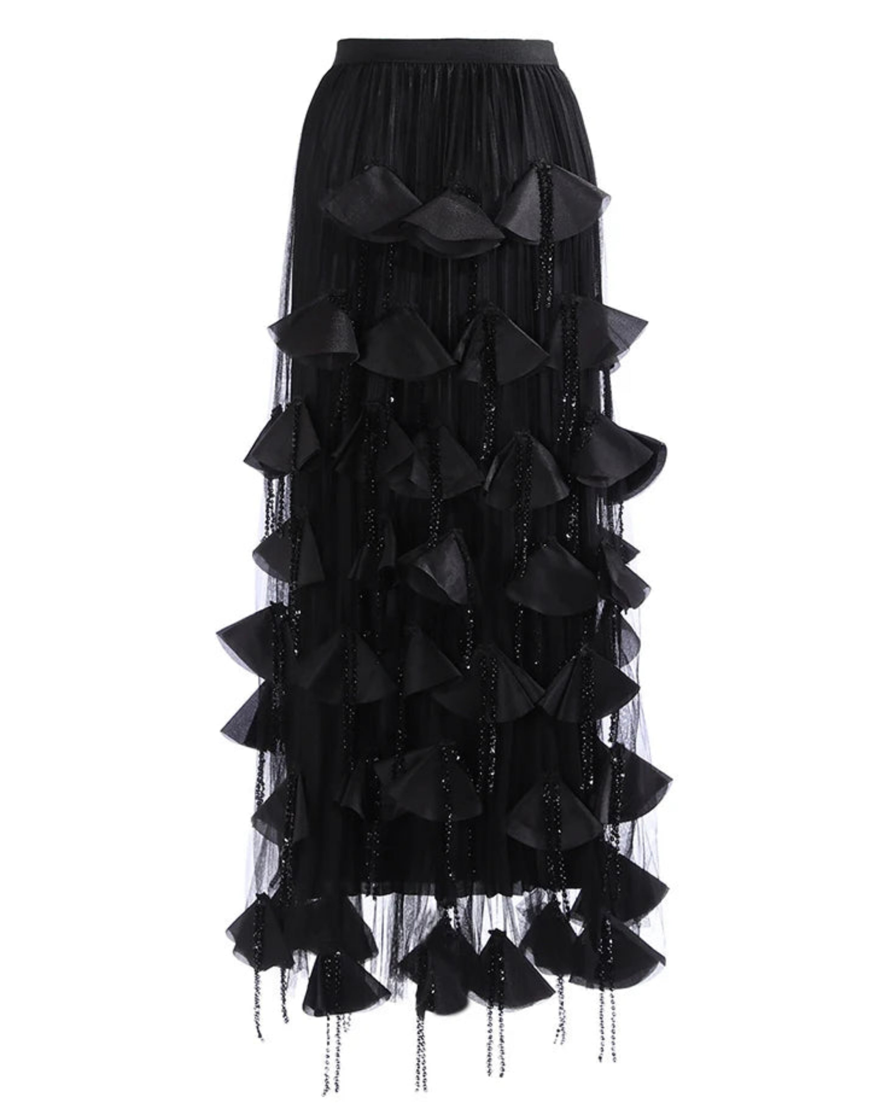 Luxury Applique Tiered Midi Length Skirt – Designer Pleated Formal Wear