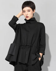 Luxury Avant-Garde Drawstring Turtleneck Blouse