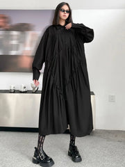 Luxury Avant-Garde Sculpted Asymmetric Ruched Midi Oversized Black Shirt Dress