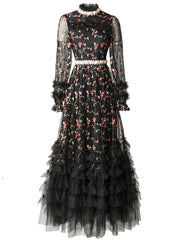 Luxury Black Tulle Floral Embroidered Long Sleeve Maxi Dress Ruffled High-Neck Evening Wear
