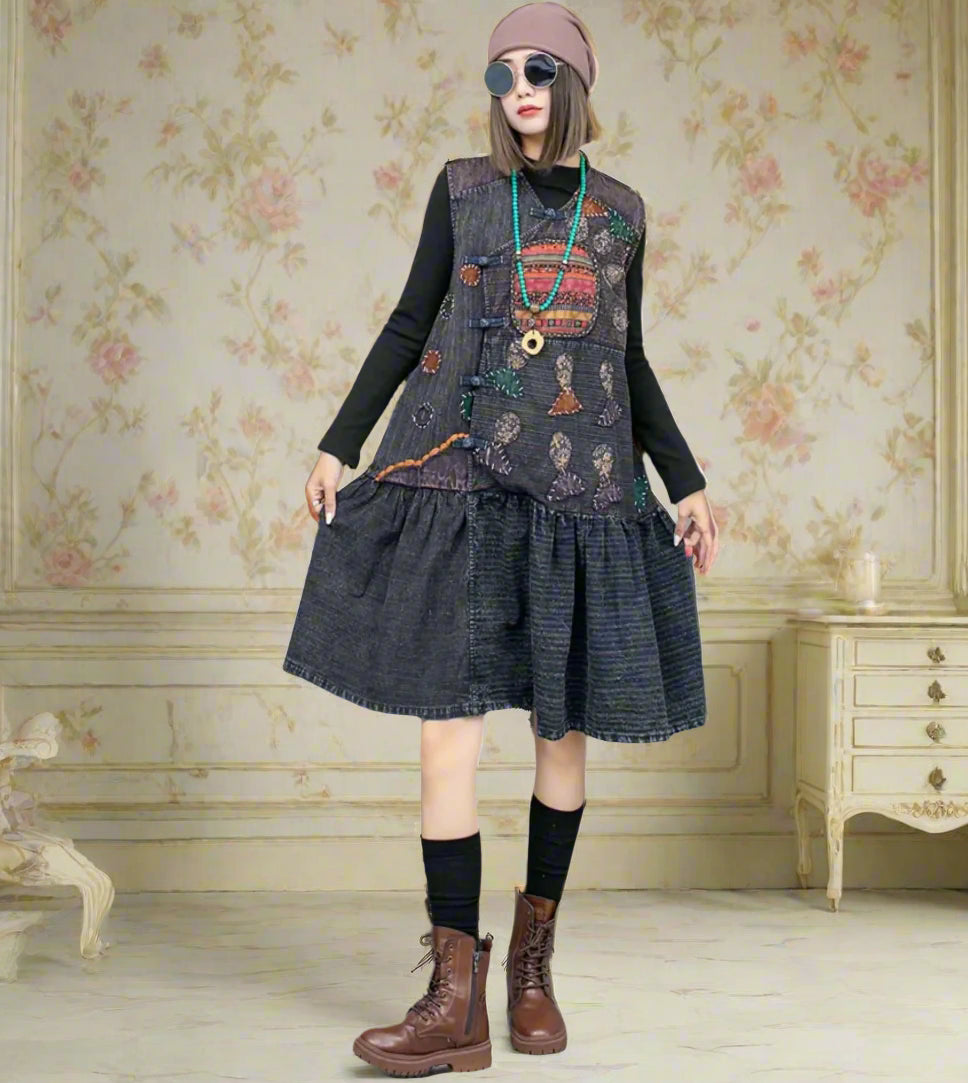 Luxury Bohemian Cotton and Linen Dress - Patchwork Shabby Chic