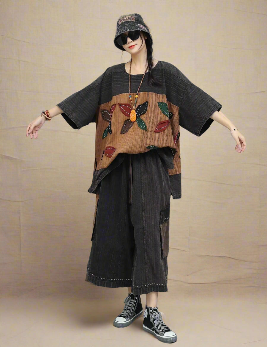 Luxury Bohemian Cotton and Linen Two Piece Set - Embroidered Floral Patchwork Loose Fit Top and Pants