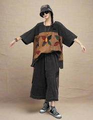 Luxury Bohemian Cotton and Linen Two Piece Set - Embroidered Floral Patchwork Loose Fit Top and Pants