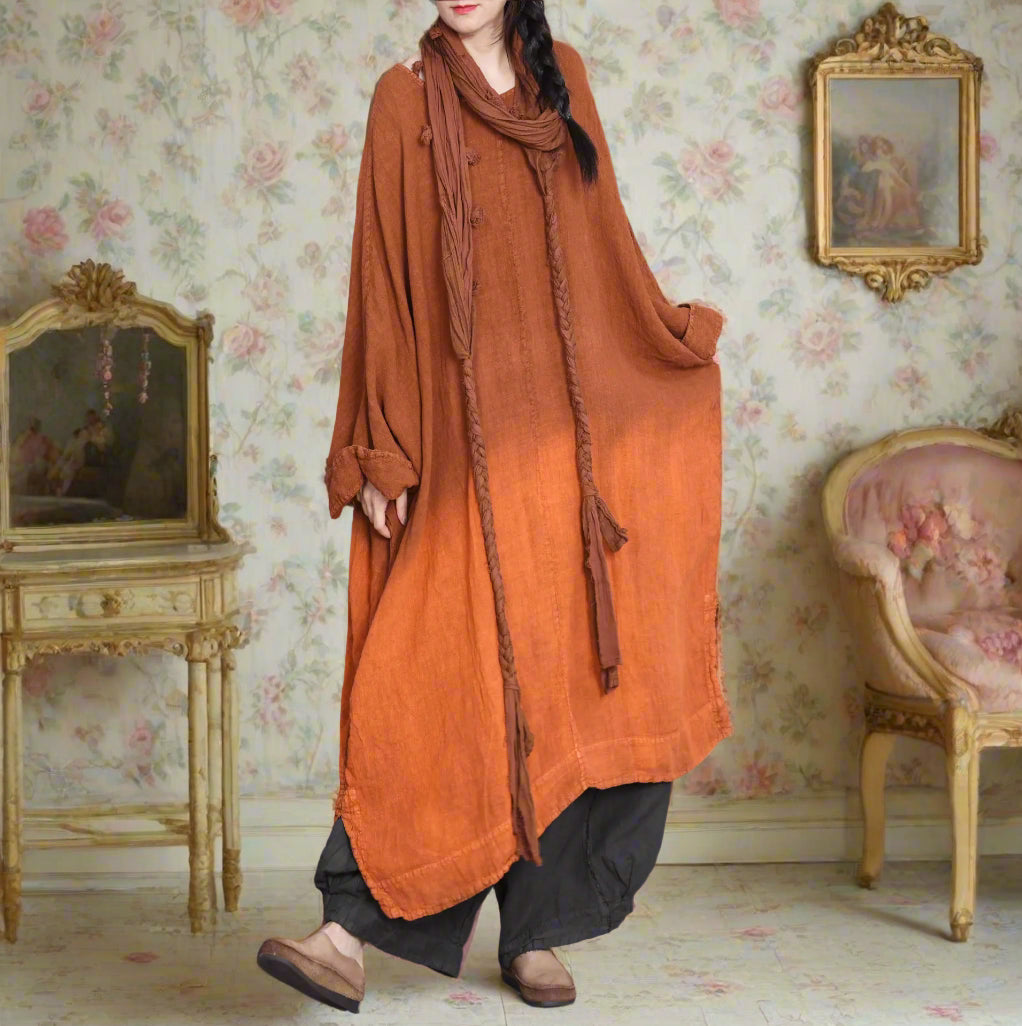 Luxury Bohemian Genuine Linen Maxi Dress Kaftan Robe Handmade Unique