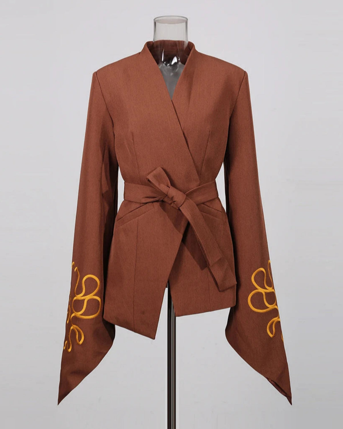Luxury Brown Embroidered Kimono Wrap Blazer