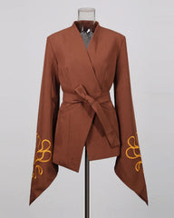 Luxury Brown Embroidered Kimono Wrap Blazer