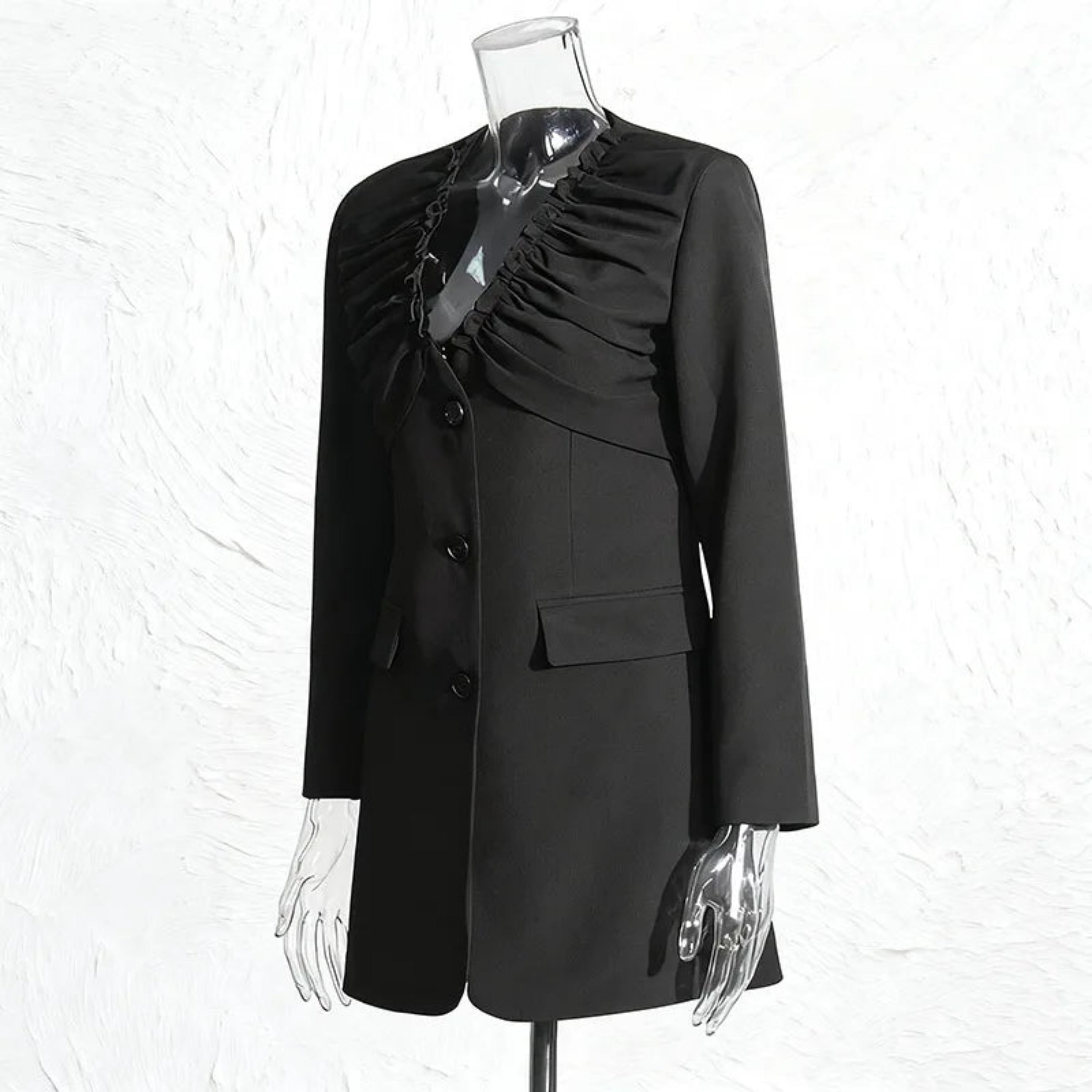 Luxury Collarless Ruched Longline Blazer – Designer Evening Wear