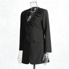 Luxury Collarless Ruched Longline Blazer – Designer Evening Wear
