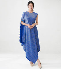 Luxury Cruise Resort Cape Dress - Japanese Pleated Plissé Asymmetric Maxi Gown