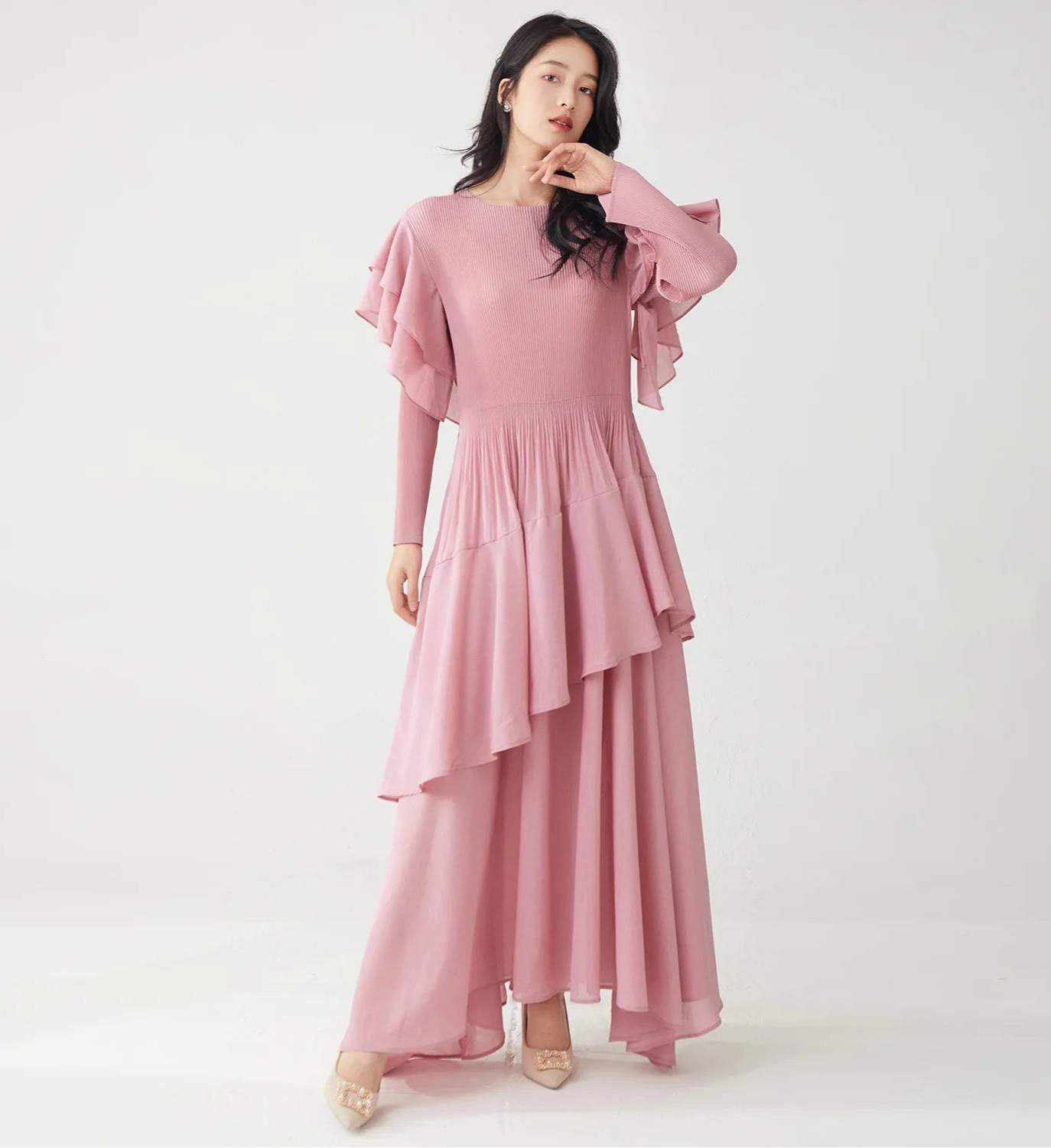 Luxury Cruise Resort Ruffle Dress - Japanese Pleats Plissé Maxi Gown