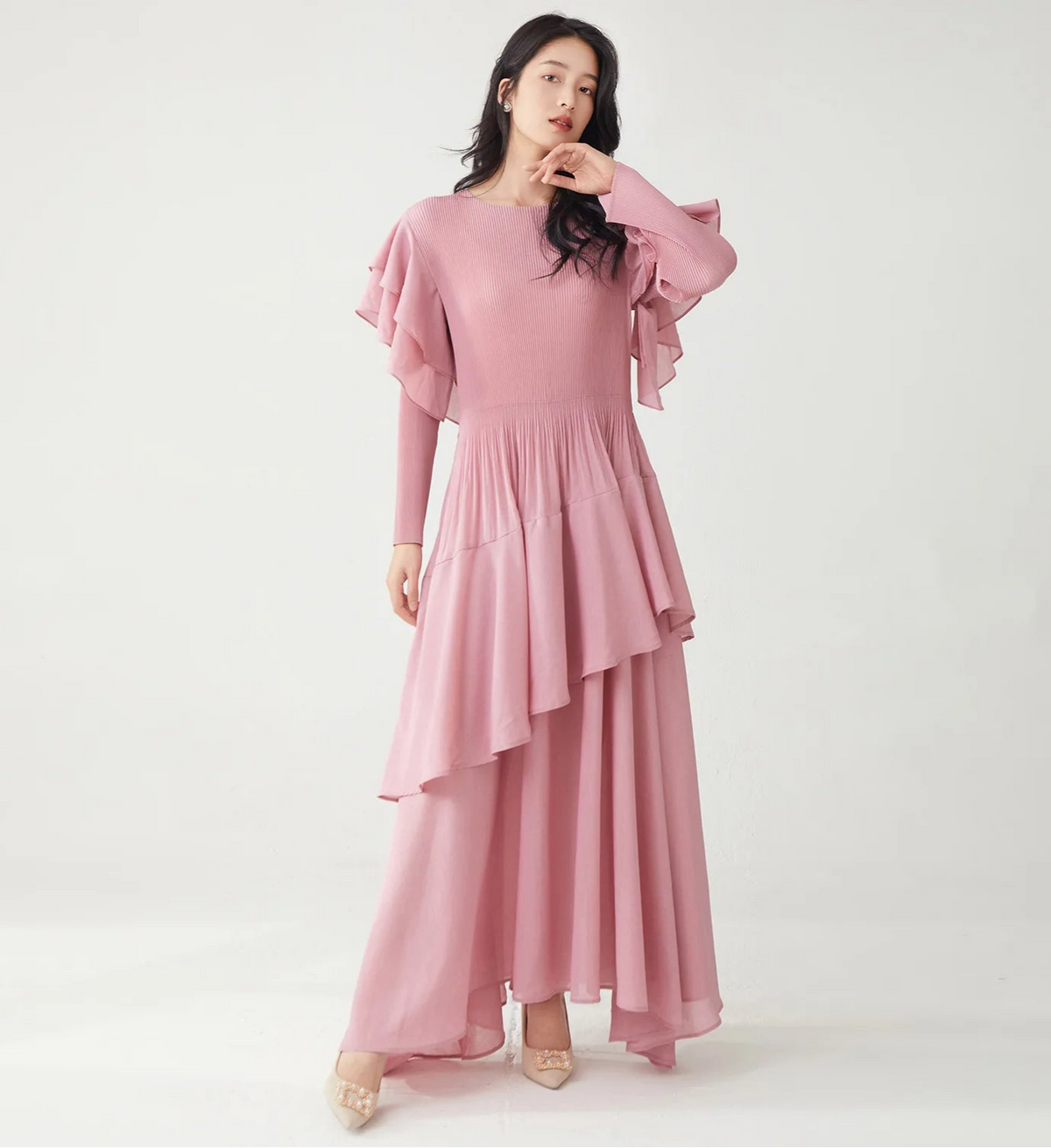 Luxury Cruise Resort Ruffle Dress - Japanese Pleats Plissé Maxi Gown