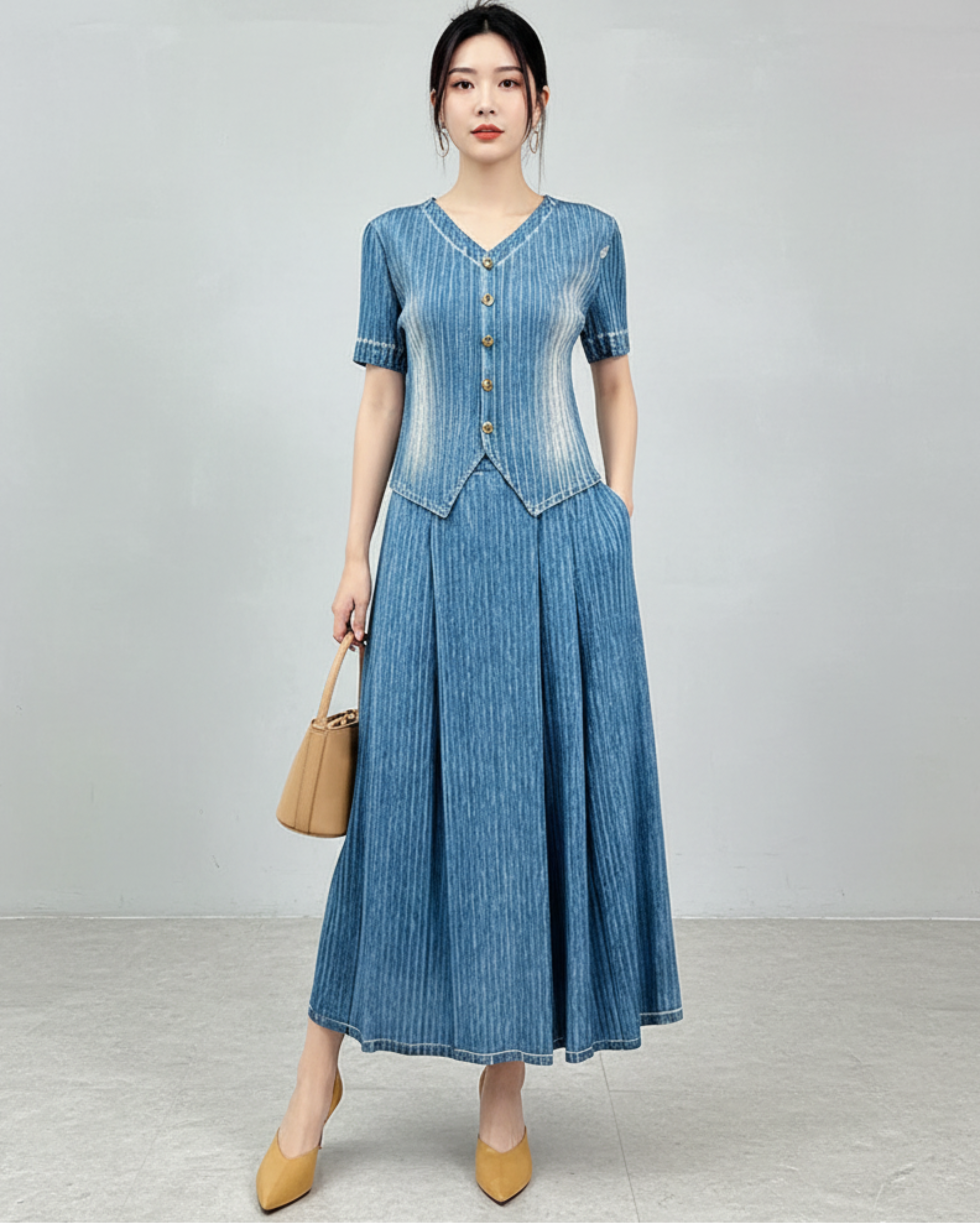 Luxury Denim Plisse Set
