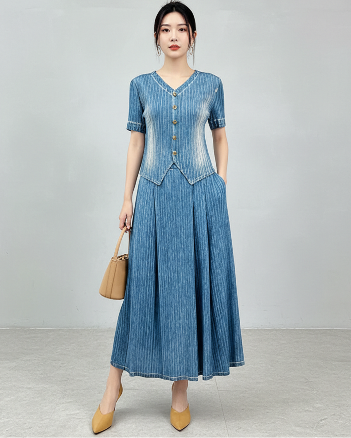 Luxury Denim Plisse Set