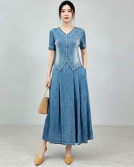 Luxury Denim Plisse Set
