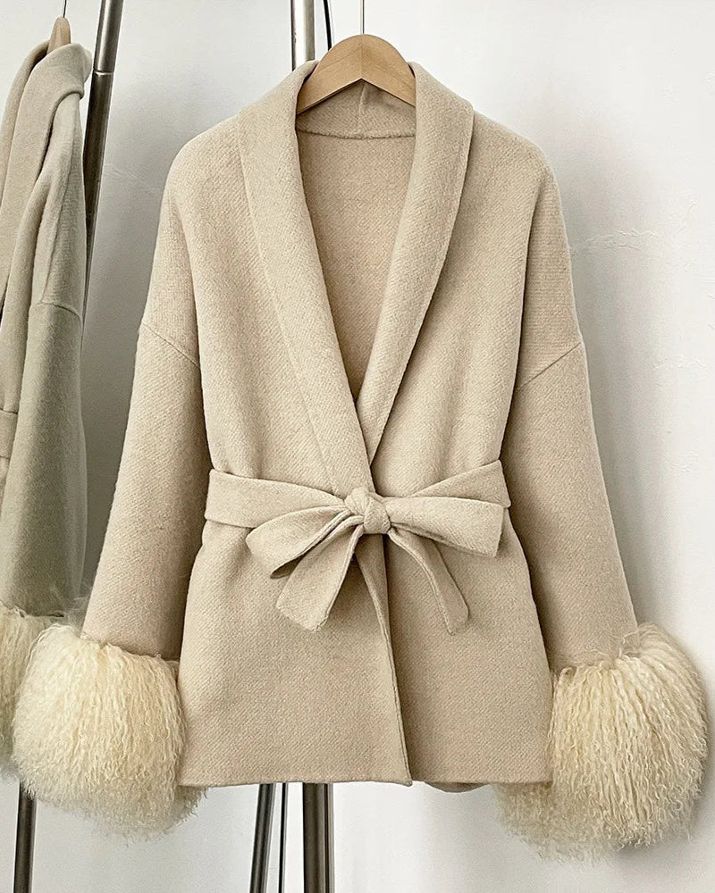 Luxury Designer 70% Wool Coat Fur Cuff Shawl Collar Tie Waist Winter Outerwear
