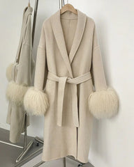Luxury Designer 70% Wool Long Coat Fur Cuff Shawl Collar Wrap Style Winter Outerwear