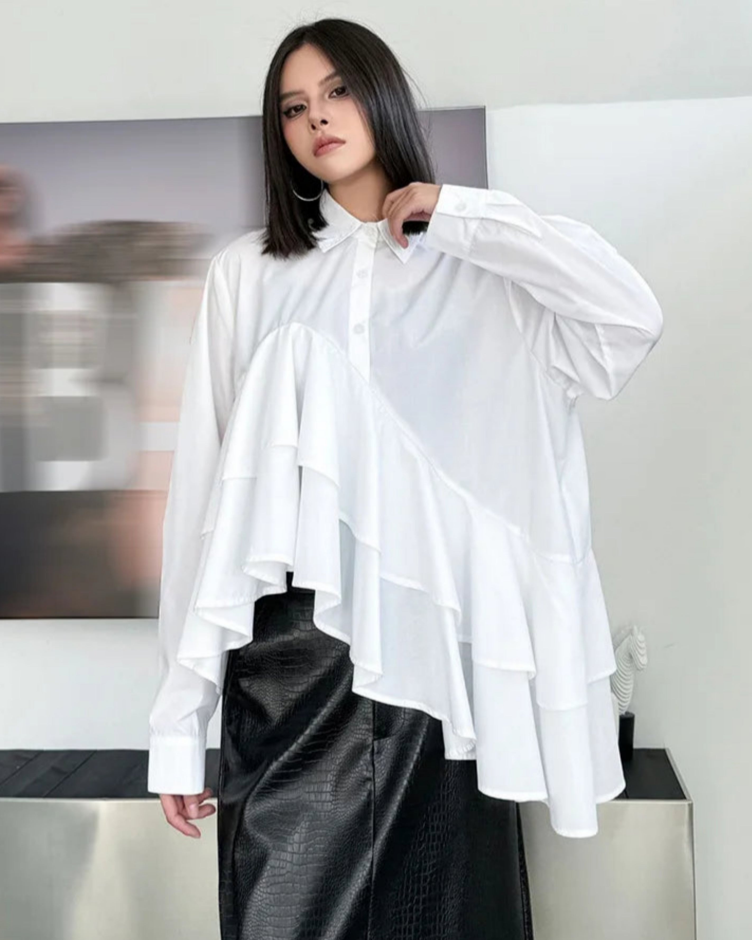 Luxury Designer Asymmetric Tiered Ruffle Oversized Cotton Shirt Blouse