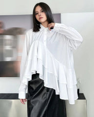 Luxury Designer Asymmetric Tiered Ruffle Oversized Cotton Shirt Blouse