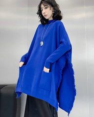 Luxury Designer Avant Garde Knit Poncho Oversized Fringe Hem Travel Tunic
