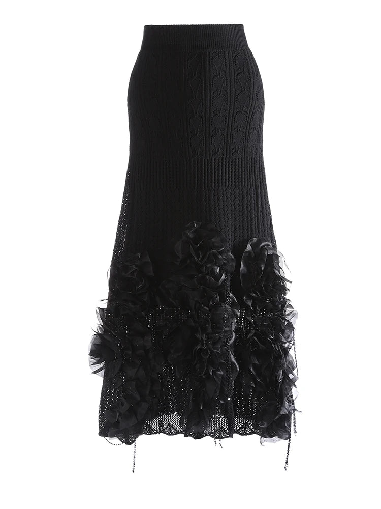 Luxury Designer Black Knit Maxi Skirt 3D Floral Appliqué Elastic Waistband Evening Wear