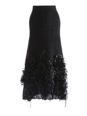 Luxury Designer Black Knit Maxi Skirt 3D Floral Appliqué Elastic Waistband Evening Wear