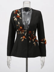 Luxury Designer Deep Plunge Blazer - Black Floral Appliqué Peplum Evening Jacket