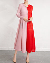 Luxury Designer Japanese Pleats Midi Dress Long Sleeve A-Line Formal Travel Cruise