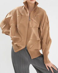 Luxury Designer Japanese Pleats Plissé 3D Geometric Bomber Jacket Zip-Up Modern