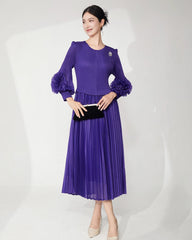 Luxury Designer Japanese Pleats Plissé Midi Dress Flower Sleeve Cocktail Gala
