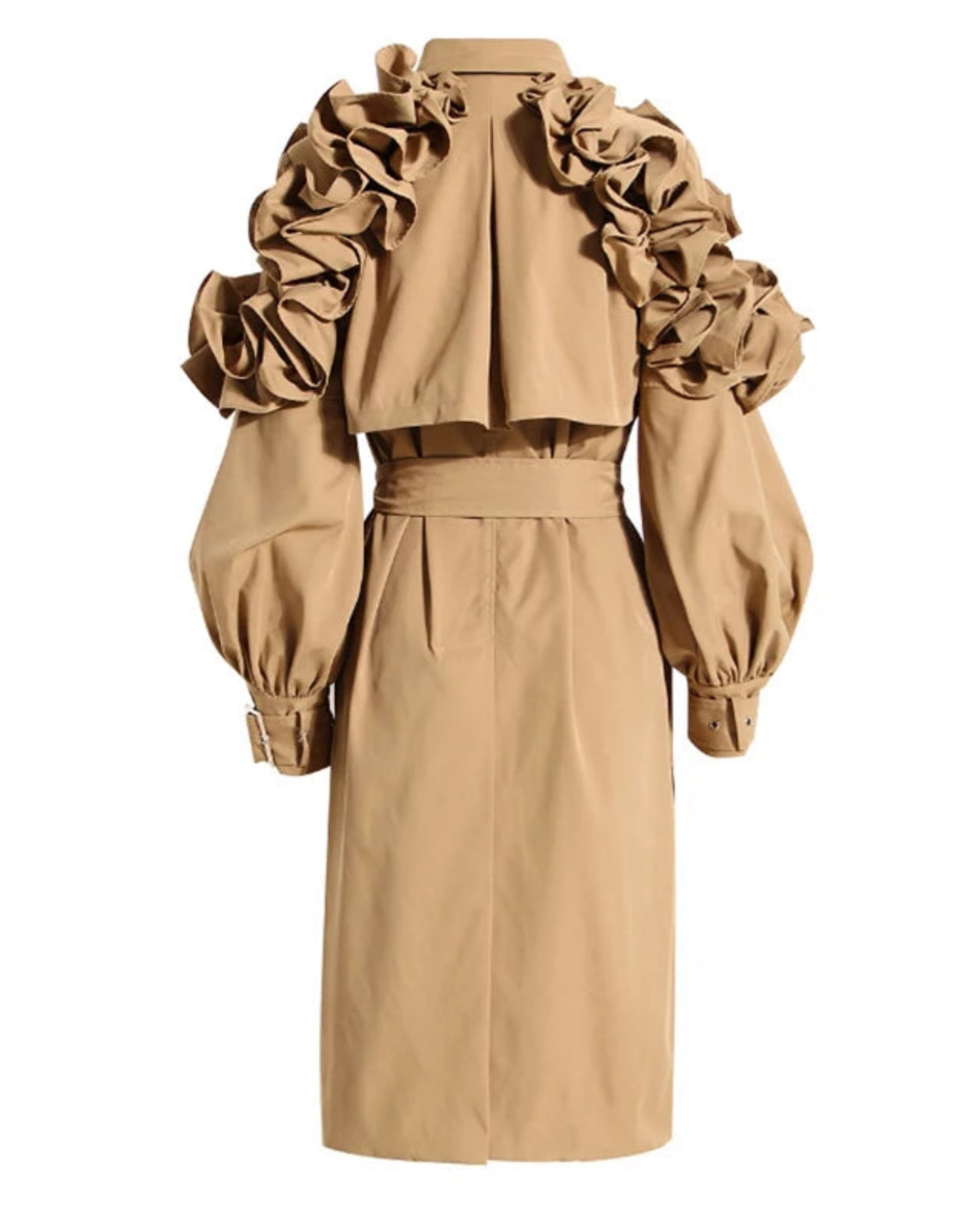 Luxury Designer Long Duster Coat Ruffle Shoulder Belted Statement Outerwear